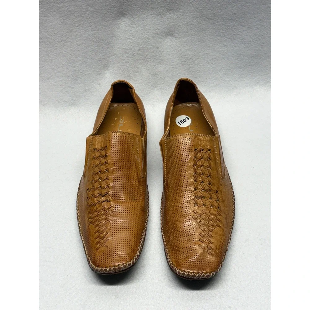 Jump for the People Mens Tan Leather Perforated Woven Slip On Loafers 10.5